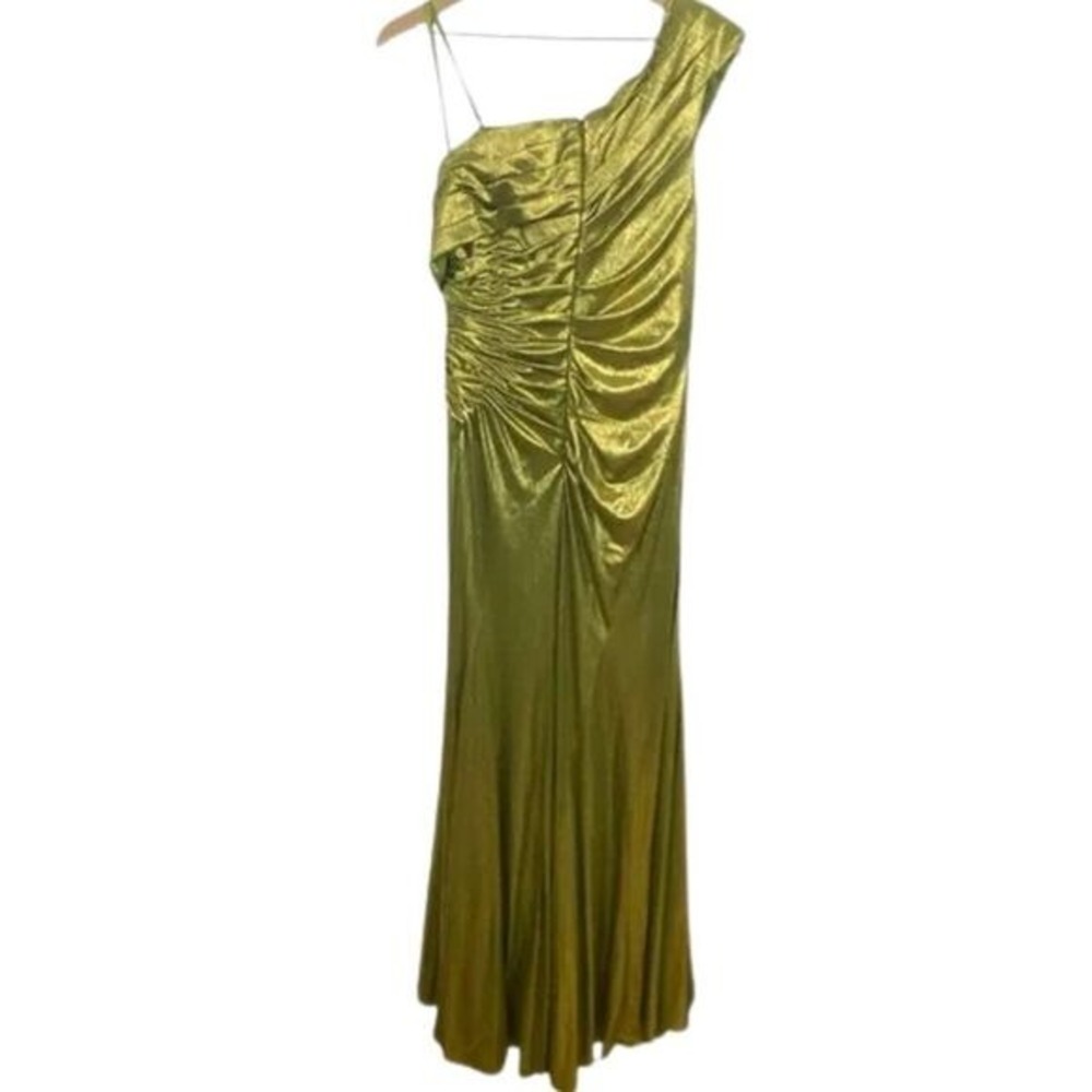 Mac Duggal Size 12 Green Off The Shoulder Ruched Metallic Long Maxi Gown Dress - Picture 5 of 6